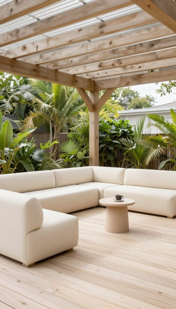 Modern covered patio with modular cream-colored seating arranged in a flexible layout, featuring ottomans and corner units, under a wooden pergola with plants and natural light.