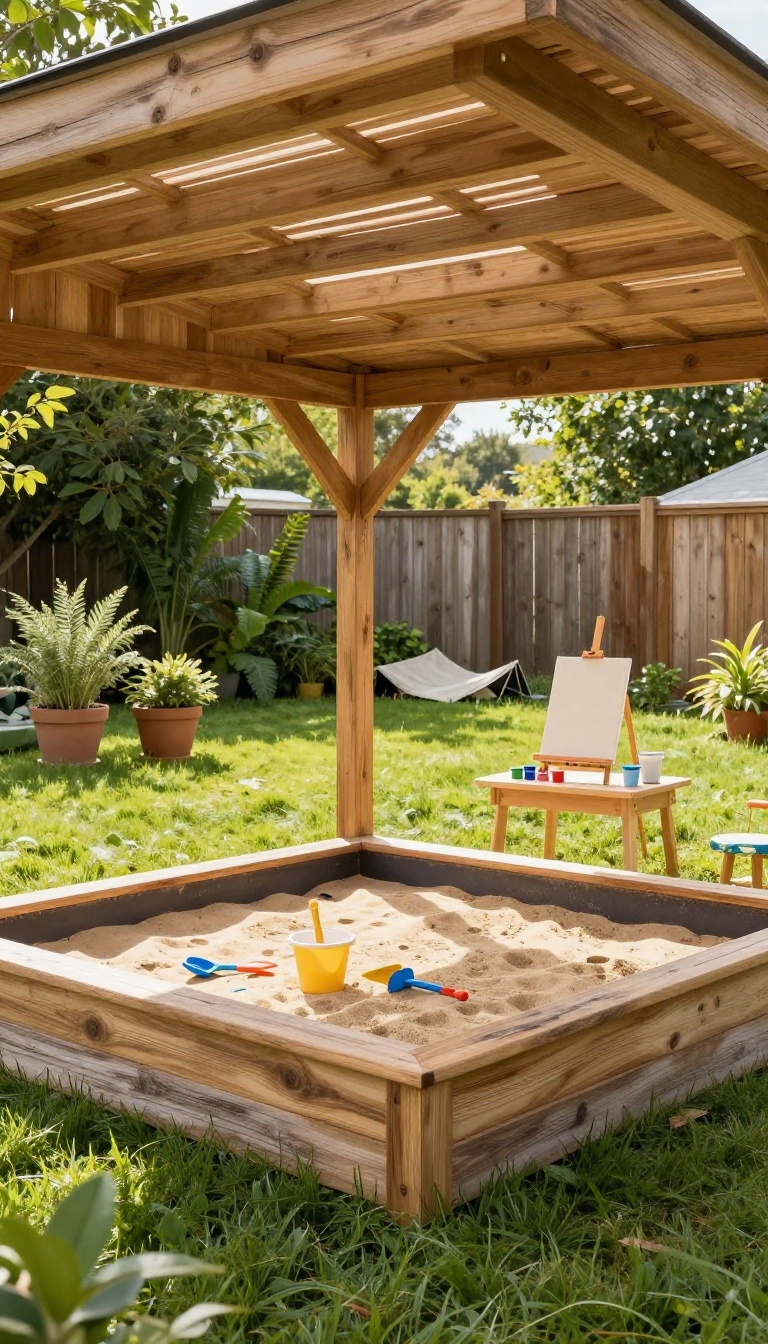 Wooden backyard gazebo set up as a kids' play area with a sandbox and art station, surrounded by grass and natural light.