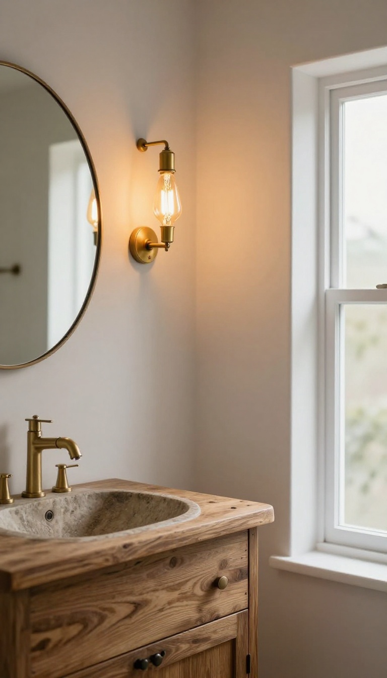 Modern rustic bathroom vanity with aged brass Edison bulb sconces glowing beside a round mirror