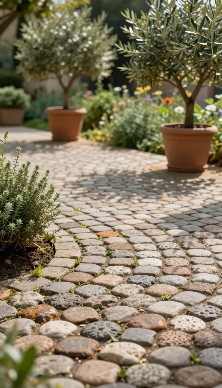 Cobblestone patio with thyme between stones in a garden setting