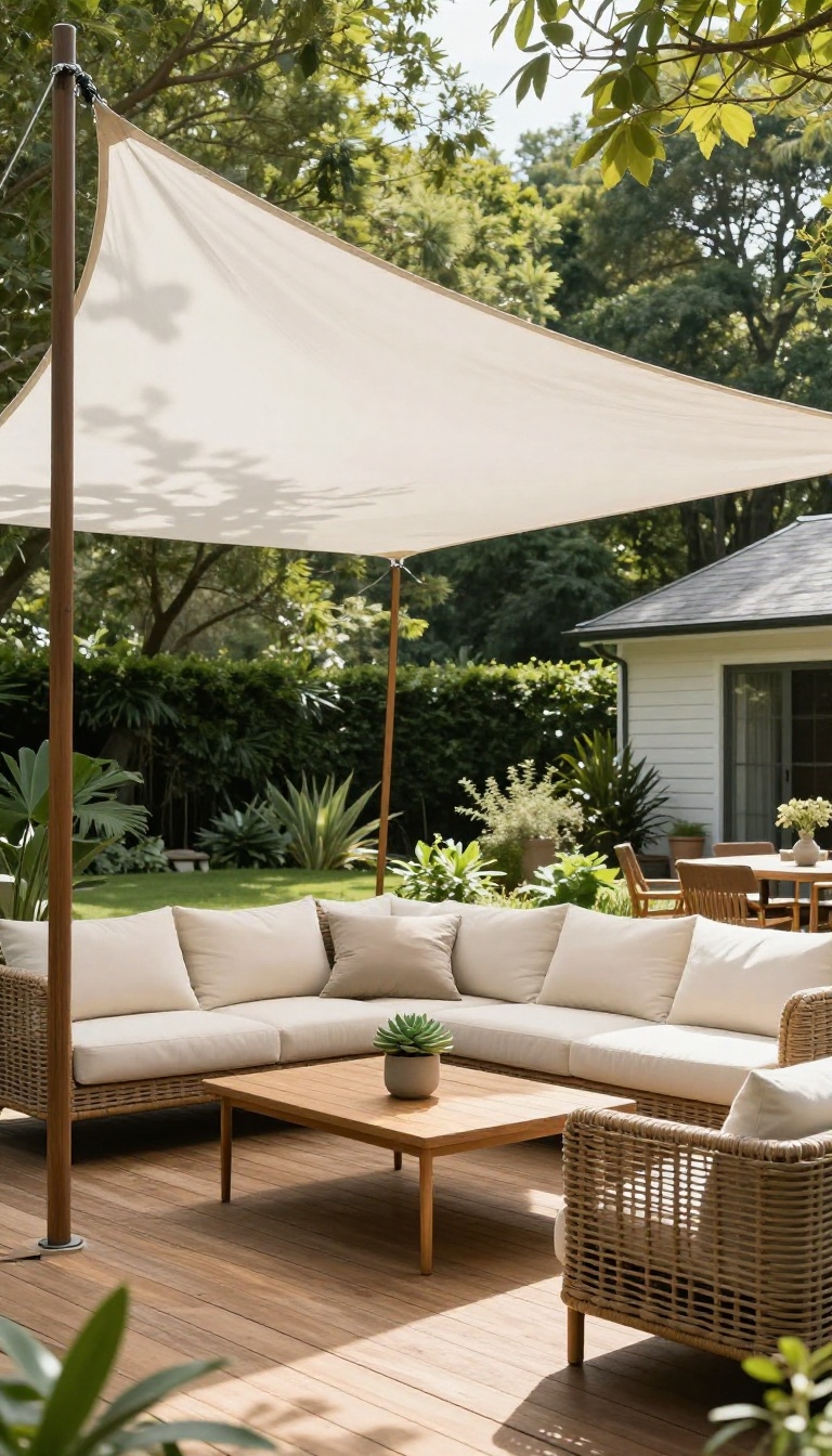 Backyard deck shaded by a white triangular shade sail over a cozy outdoor seating area in bright afternoon light