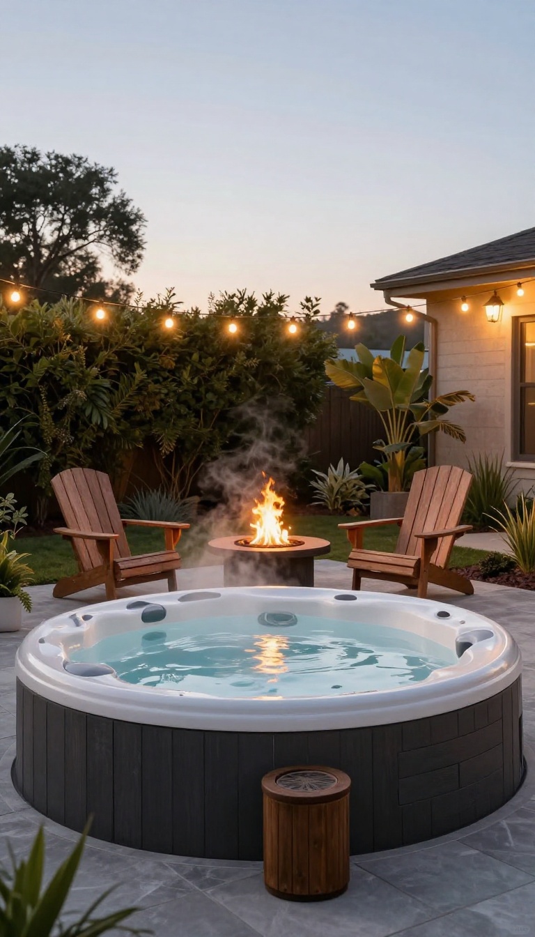 Hot tub and stone fire pit side by side on a backyard patio at dusk with steam and warm flames