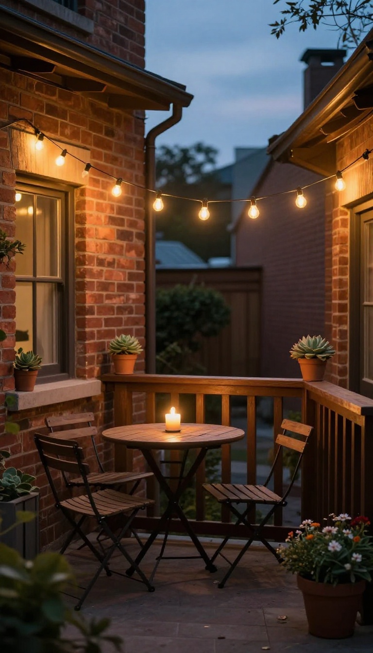 Small patio with string lights creating a warm, inviting ambiance at dusk