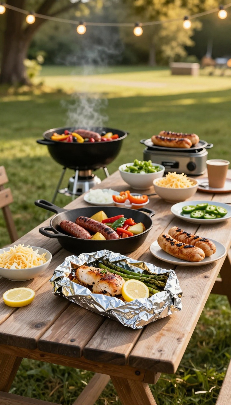 Cast-iron skillet and foil packet campfire-style dinner cooking on a portable camping stove in a sunny backyard