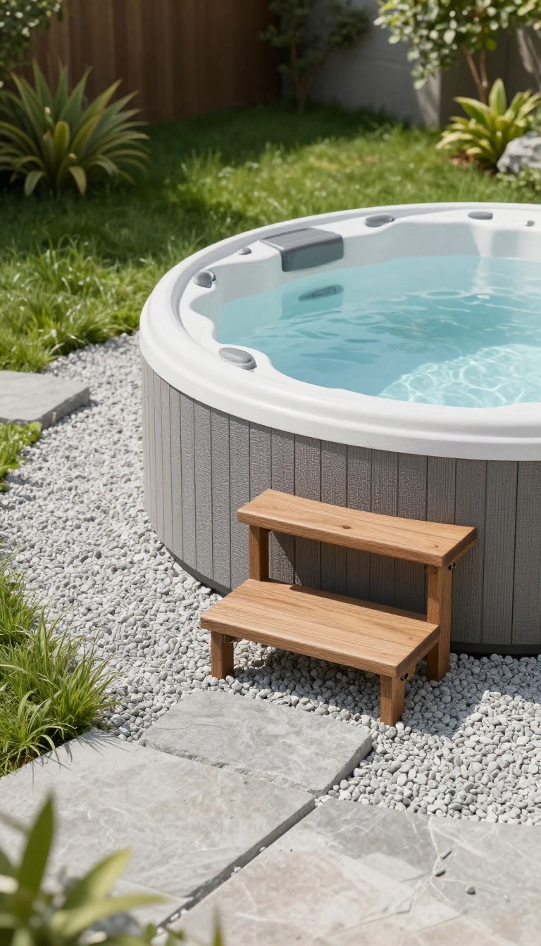 Round hot tub on a backyard patio framed by a wide border of light gray pea gravel with stepping stones, bright natural light