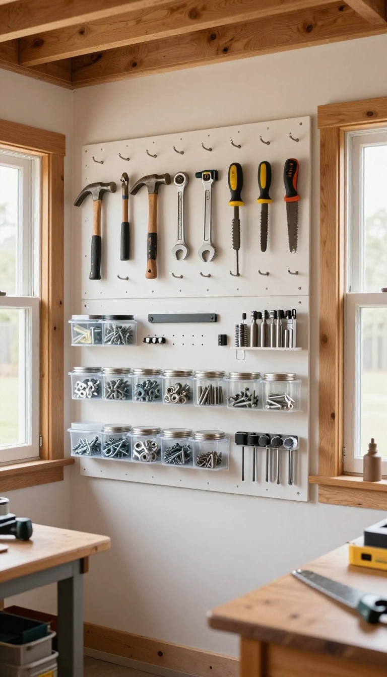 Bright shed wall with white pegboard organizing hand tools, hooks, bins, and jars of small parts in natural light
