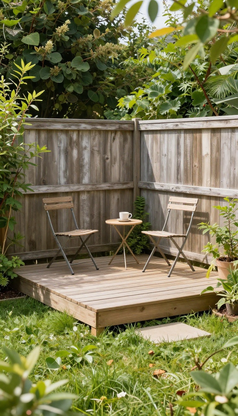 Small raised wooden deck platform in a backyard corner with two chairs and a side table, surrounded by greenery in bright natural light