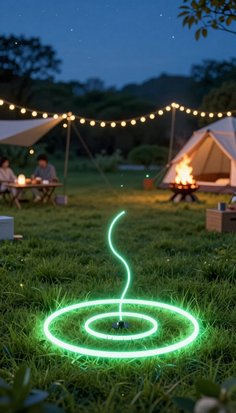Glowing ring toss game set up on a backyard lawn at dusk with a tent and string lights in the background