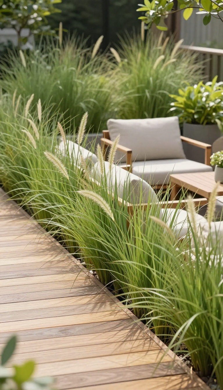Tall ornamental grasses providing a natural privacy screen on a sunny patio