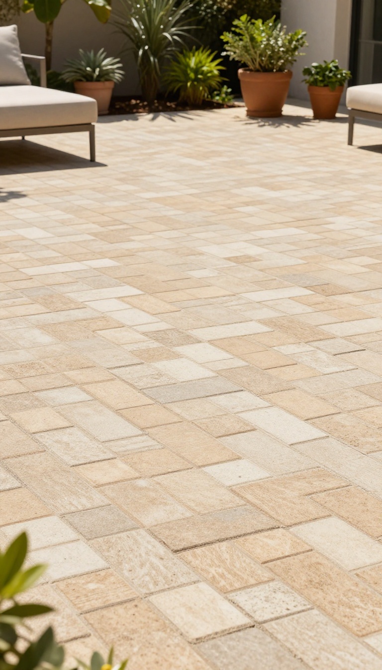 Herringbone brick pattern stamped concrete patio with modern outdoor furniture and greenery
