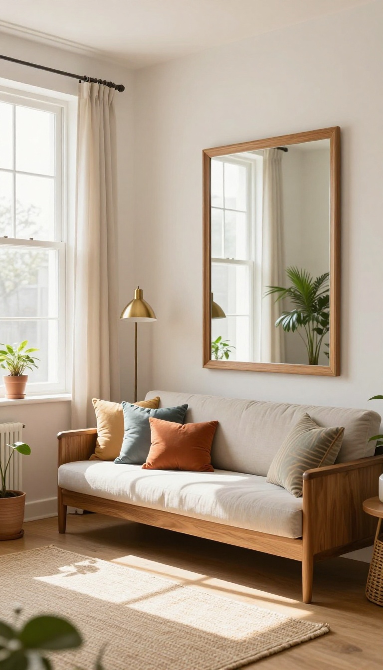Small Indian living room with a large mirror reflecting a window to create the illusion of more space.