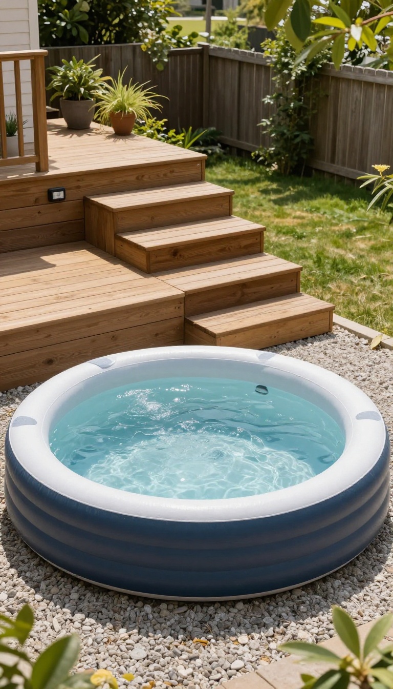 Inflatable hot tub placed beside a wooden deck with wide matching steps and a handrail leading down to the water