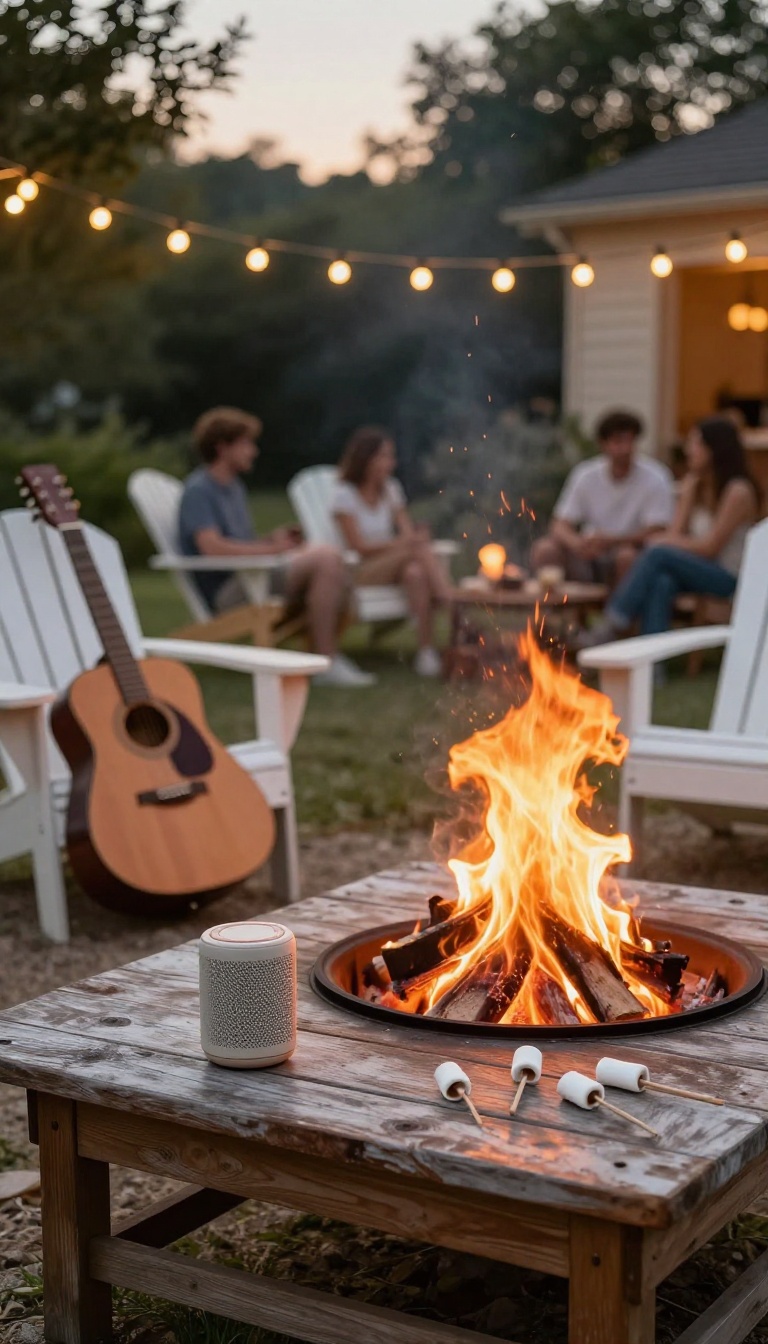 Portable Bluetooth speaker on a wooden table beside a glowing backyard bonfire with guests relaxing in the background