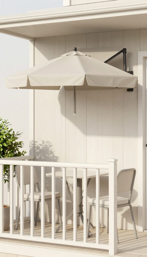 A small balcony with a wall-mounted tilting umbrella providing shade over a bistro table, maximizing space in a compact area.