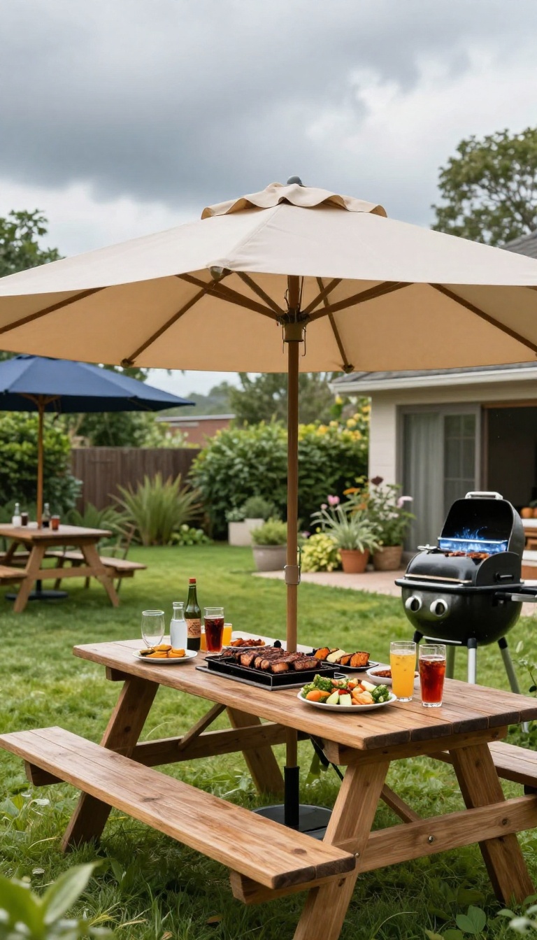 Backyard BBQ setup with a pop-up tent and patio umbrellas ready for rain