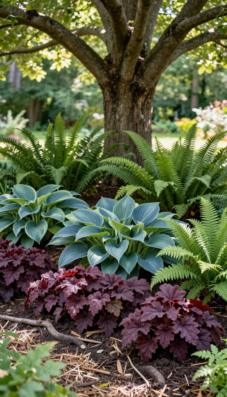 Shade garden with ferns, hostas, and heuchera growing under a mature tree in a small backyard