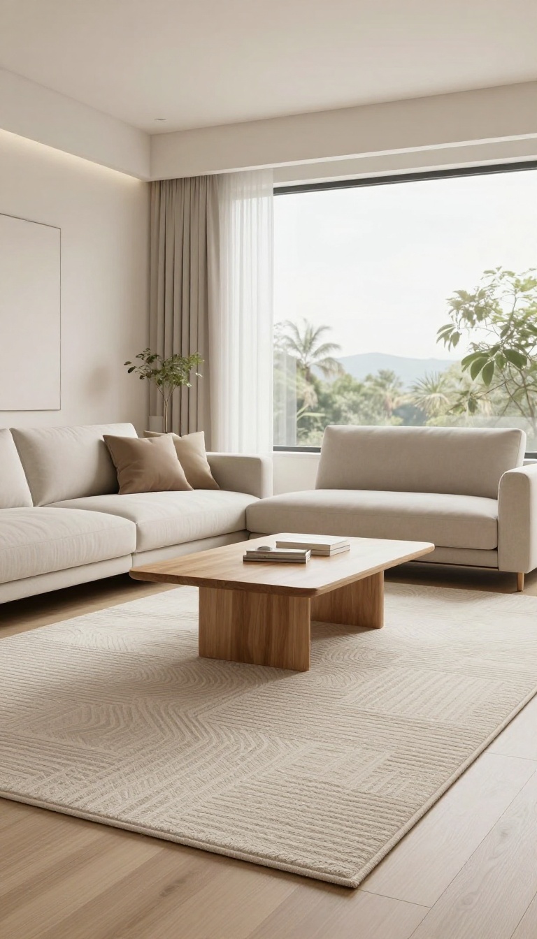 Modern living room with a statement rug anchoring the seating area, inspired by Bloxburg design.