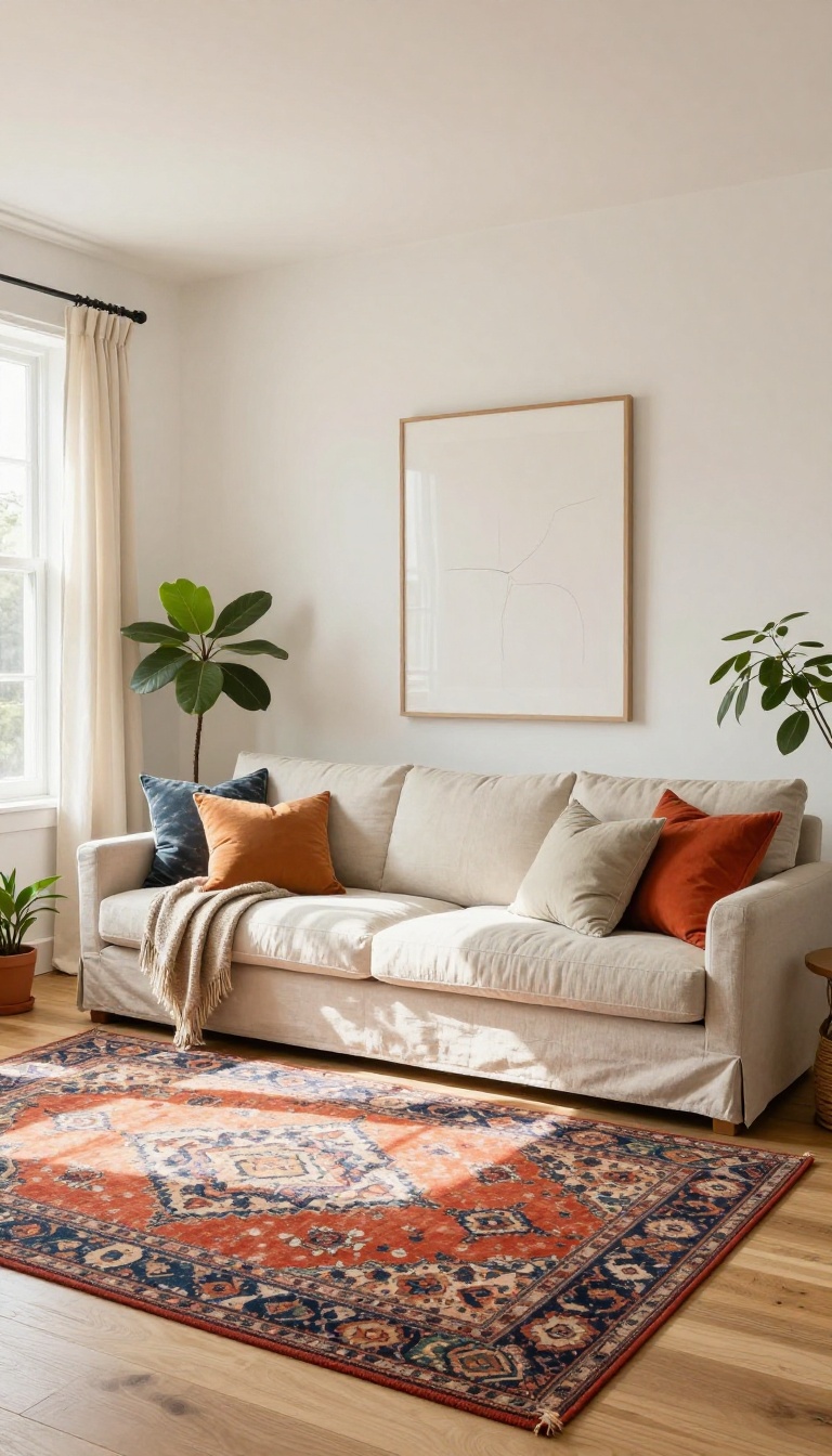 Bright living room with creamy white walls, warm natural light, linen sofa, colorful pillows, and a vibrant rug