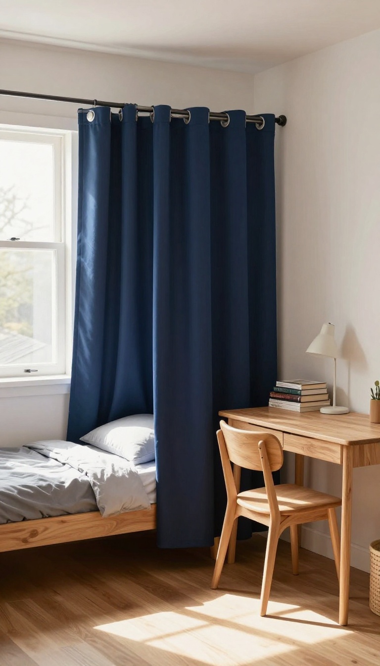 Small teen boy's bedroom divided into sleeping and study zones with a floor-length navy curtain on a tension rod