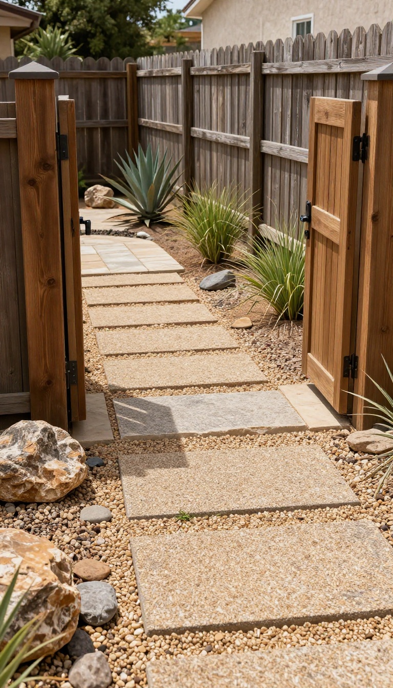 Backyard side yard landscaped with decomposed granite pathway and gravel borders along a cedar fence, replacing lawn with drought-tolerant design
