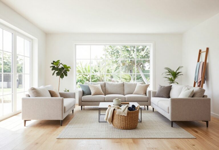 Stylish living room with blanket storage solutions including a woven basket, ottoman, and ladder.