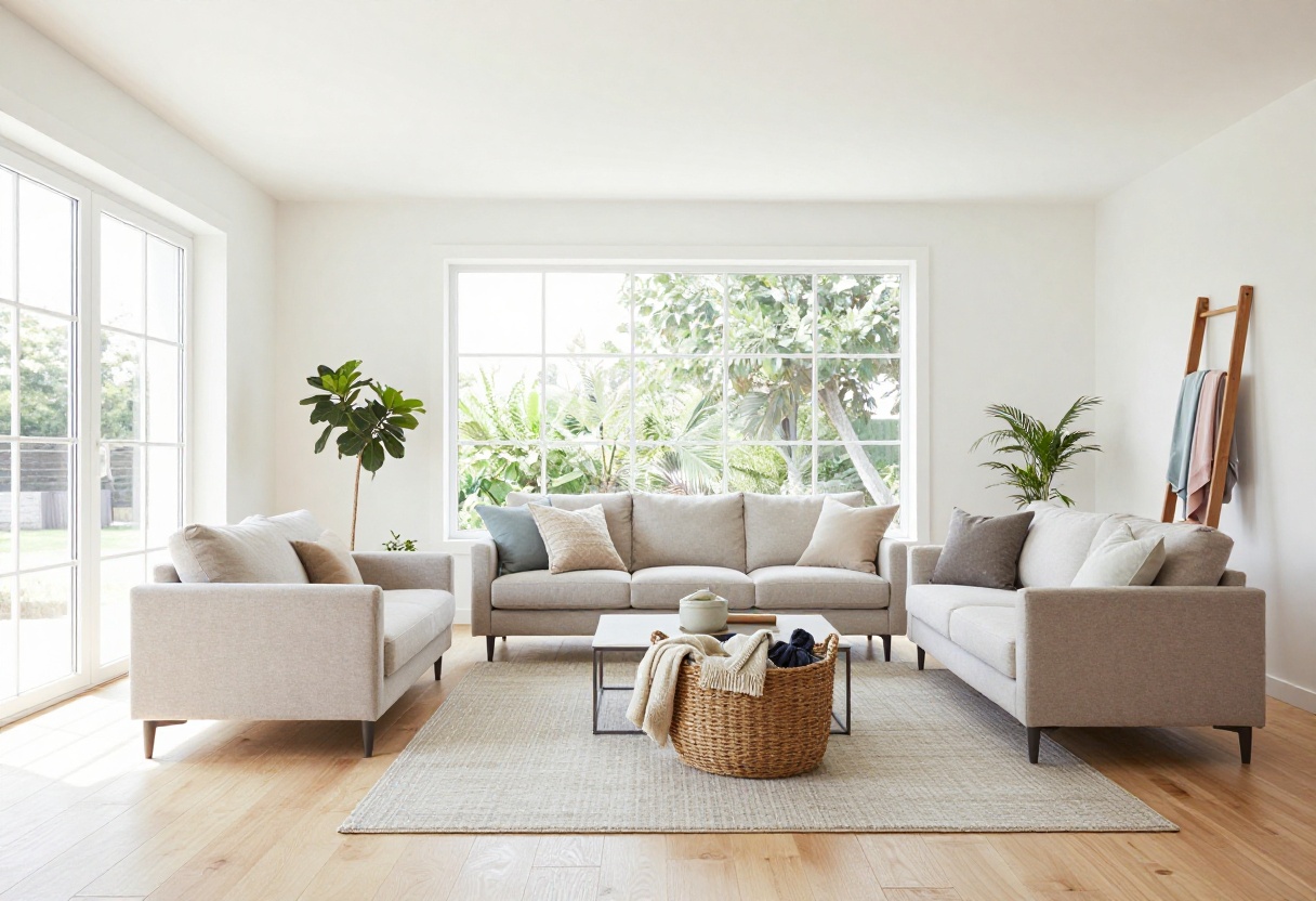 Stylish living room with blanket storage solutions including a woven basket, ottoman, and ladder.