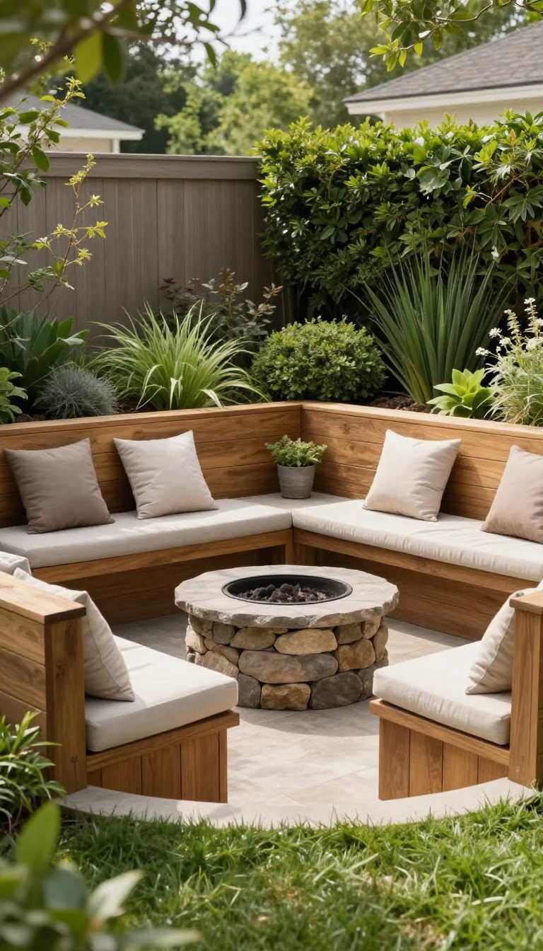 Sunken backyard seating area with built-in wood benches and a fire pit surrounded by shrubs for privacy