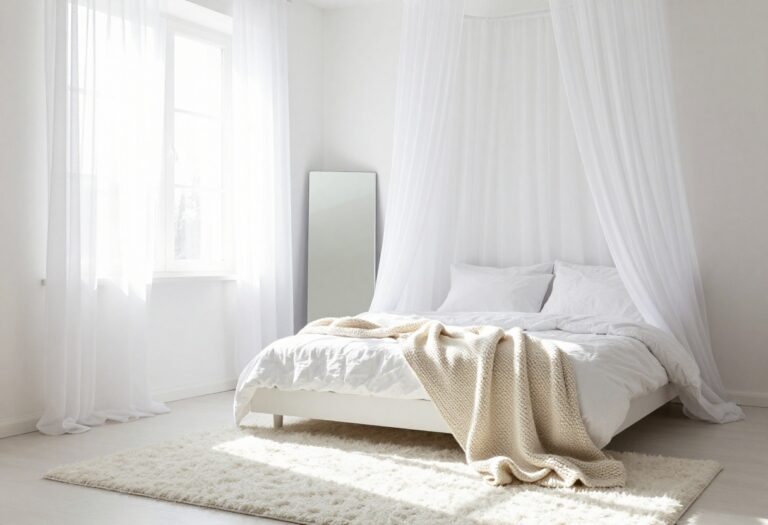 Small white bedroom with a low bed, sheer curtains, and a large mirror, creating a bright and airy feel.