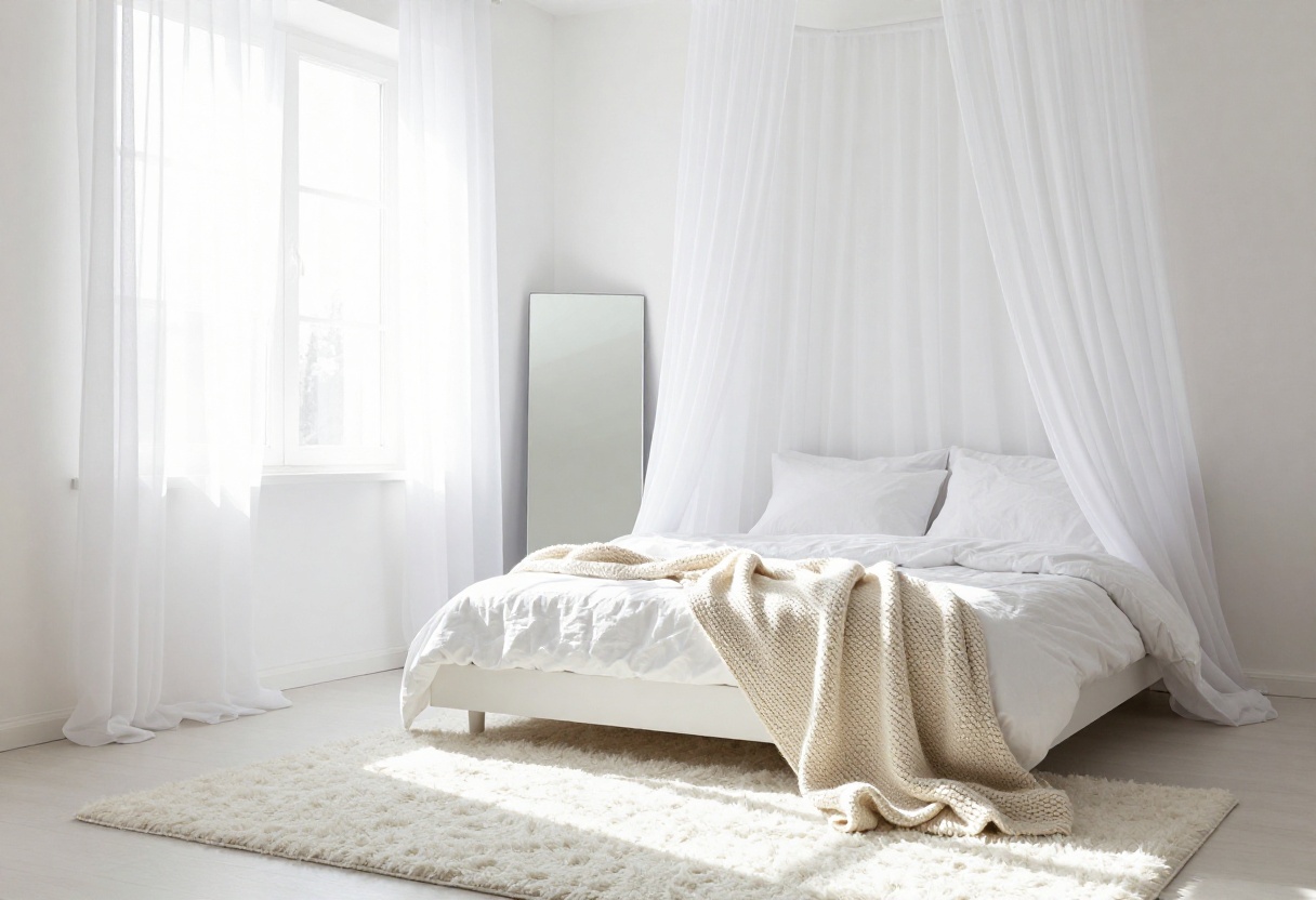 Small white bedroom with a low bed, sheer curtains, and a large mirror, creating a bright and airy feel.