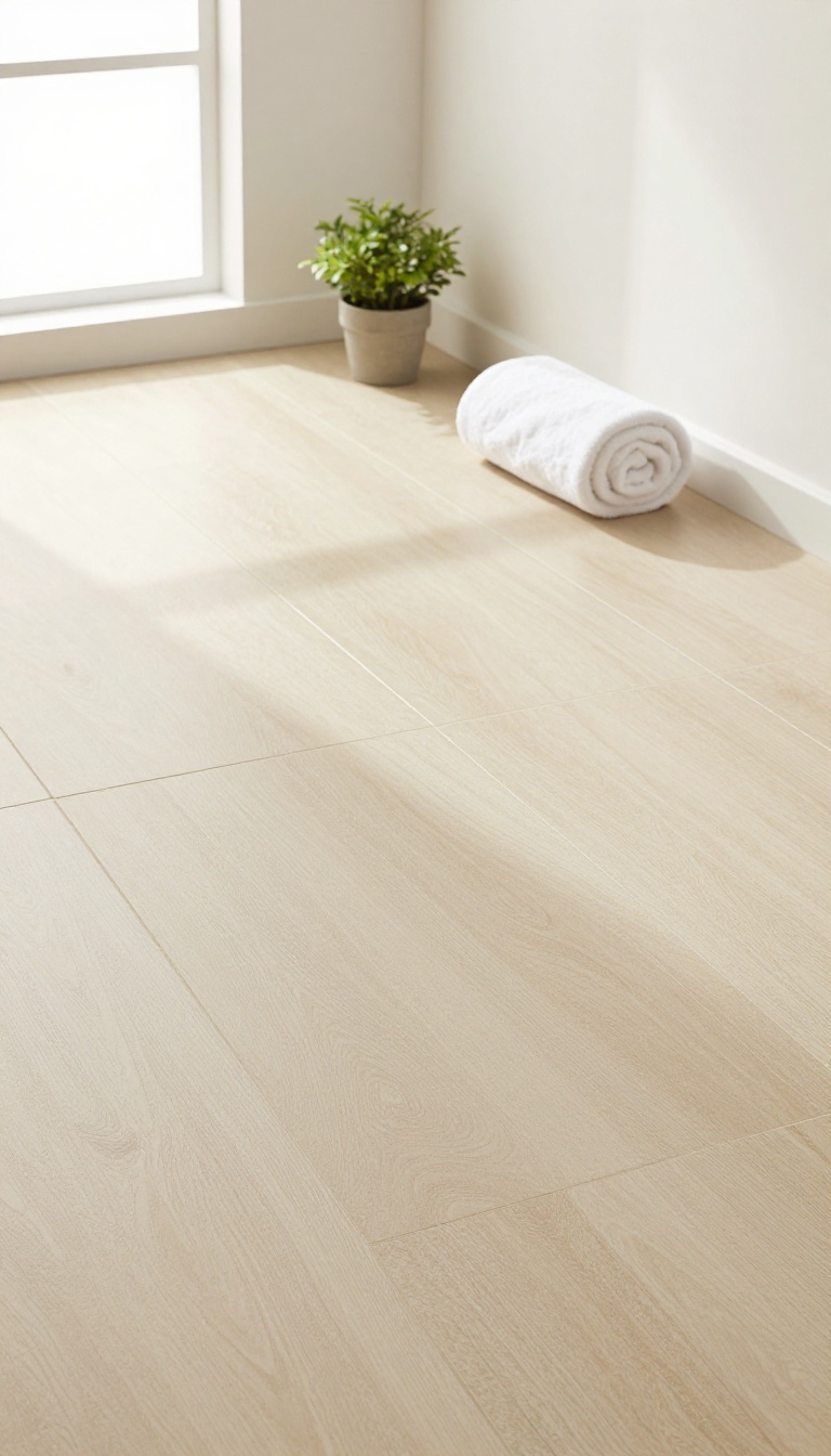 Modern bathroom floor with warm beige and sand tone large-format matte tiles in soft natural light