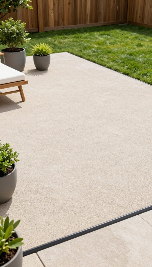 A beautiful pea gravel patio with edging, potted plants, and a lounge chair in a sunny backyard.