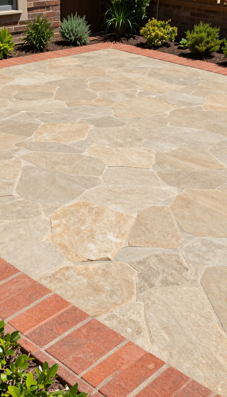 Stamped concrete patio with brick border and stone field for contrast
