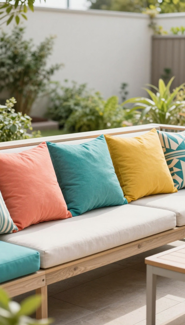 Bright coral, teal, and mustard outdoor pillows with mixed patterns arranged on a neutral patio sofa in a sunny backyard