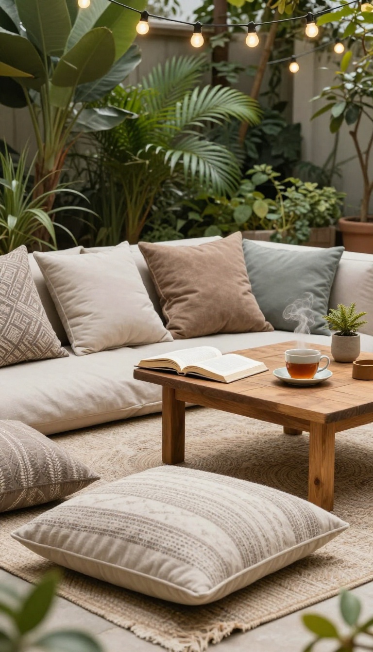 Cozy patio corner with floor cushions, rug, pillows, and string lights