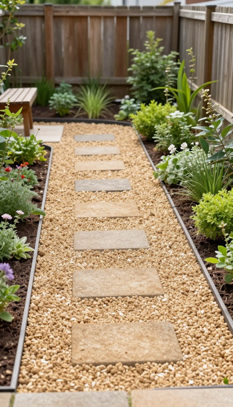 Small backyard with a diagonal gravel path edged in steel running corner to corner past low planting beds and a corner bench