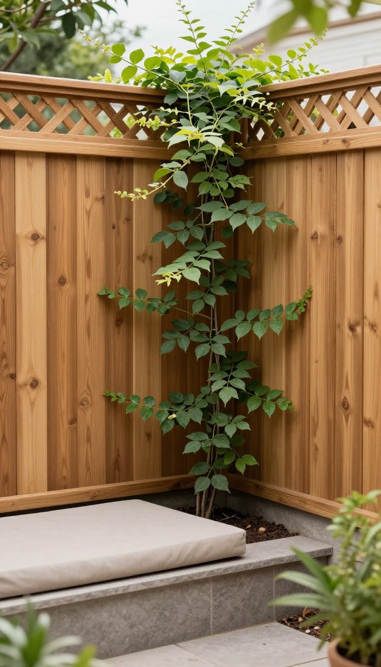 Cozy backyard courtyard corner enclosed by a tall wood privacy fence with climbing vines and a small seating area in bright natural light