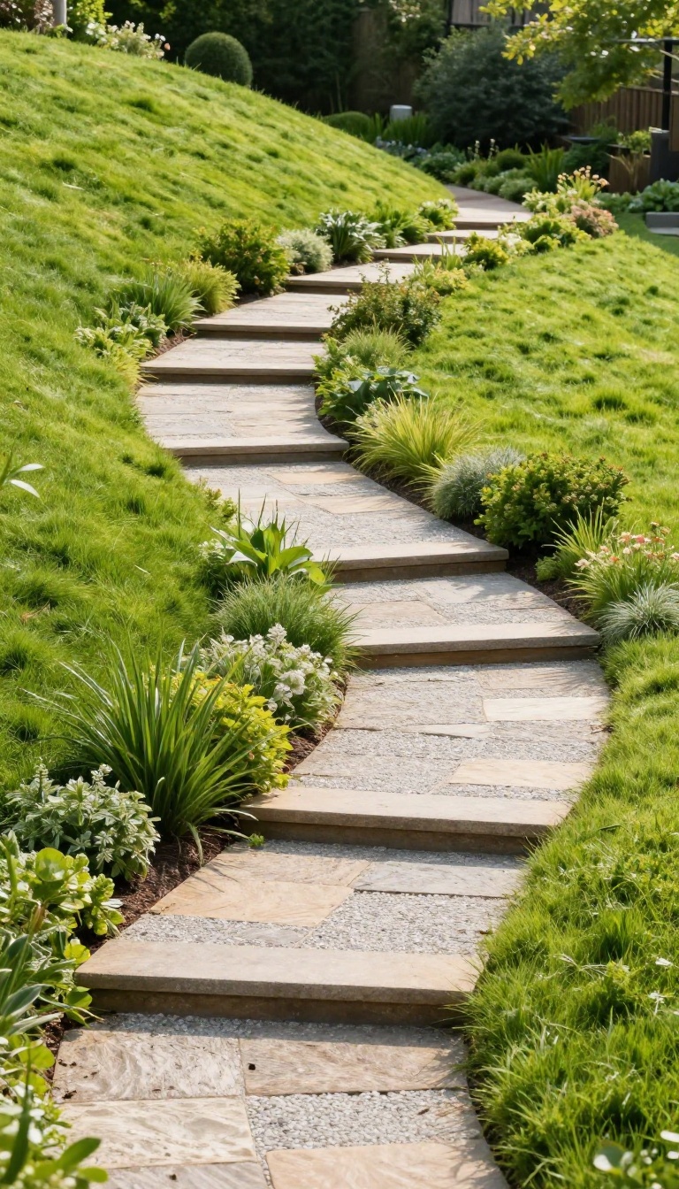 Zigzagging stone and gravel switchback pathway winding up a steep grassy backyard slope in bright natural light