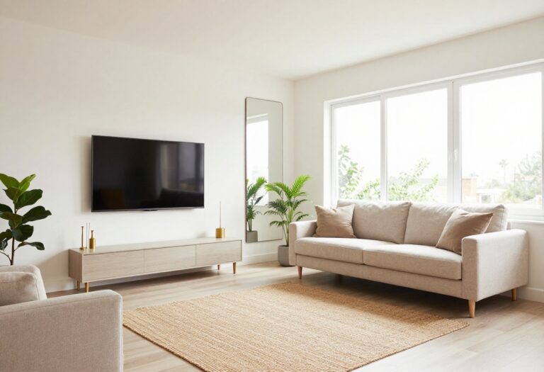 Small Indian living room with light colors, compact sofa, wall-mounted TV, and plants
