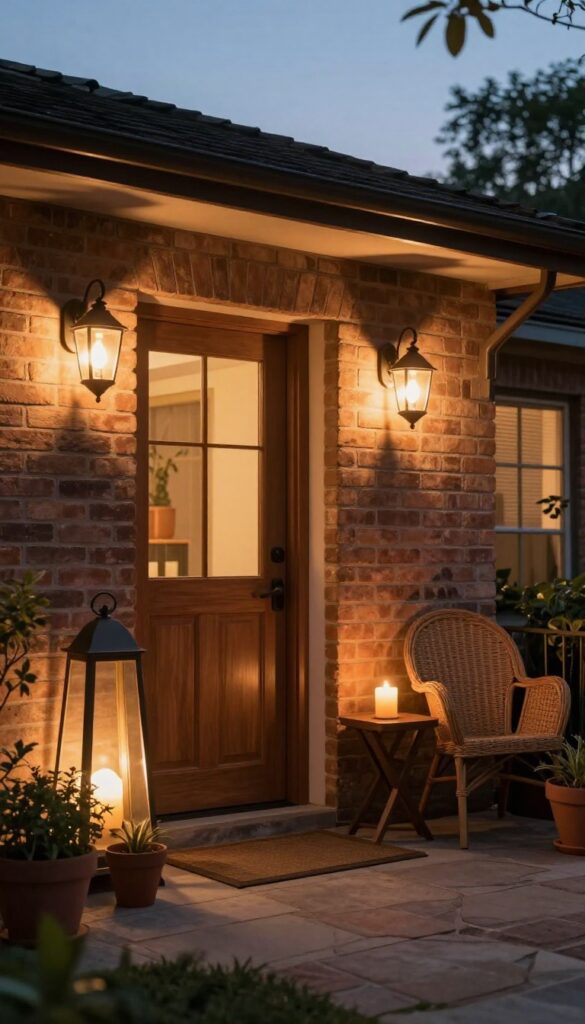 Front patio at dusk with layered lighting from wall sconces, a floor lantern, and a tabletop candle, creating a warm and inviting entrance.
