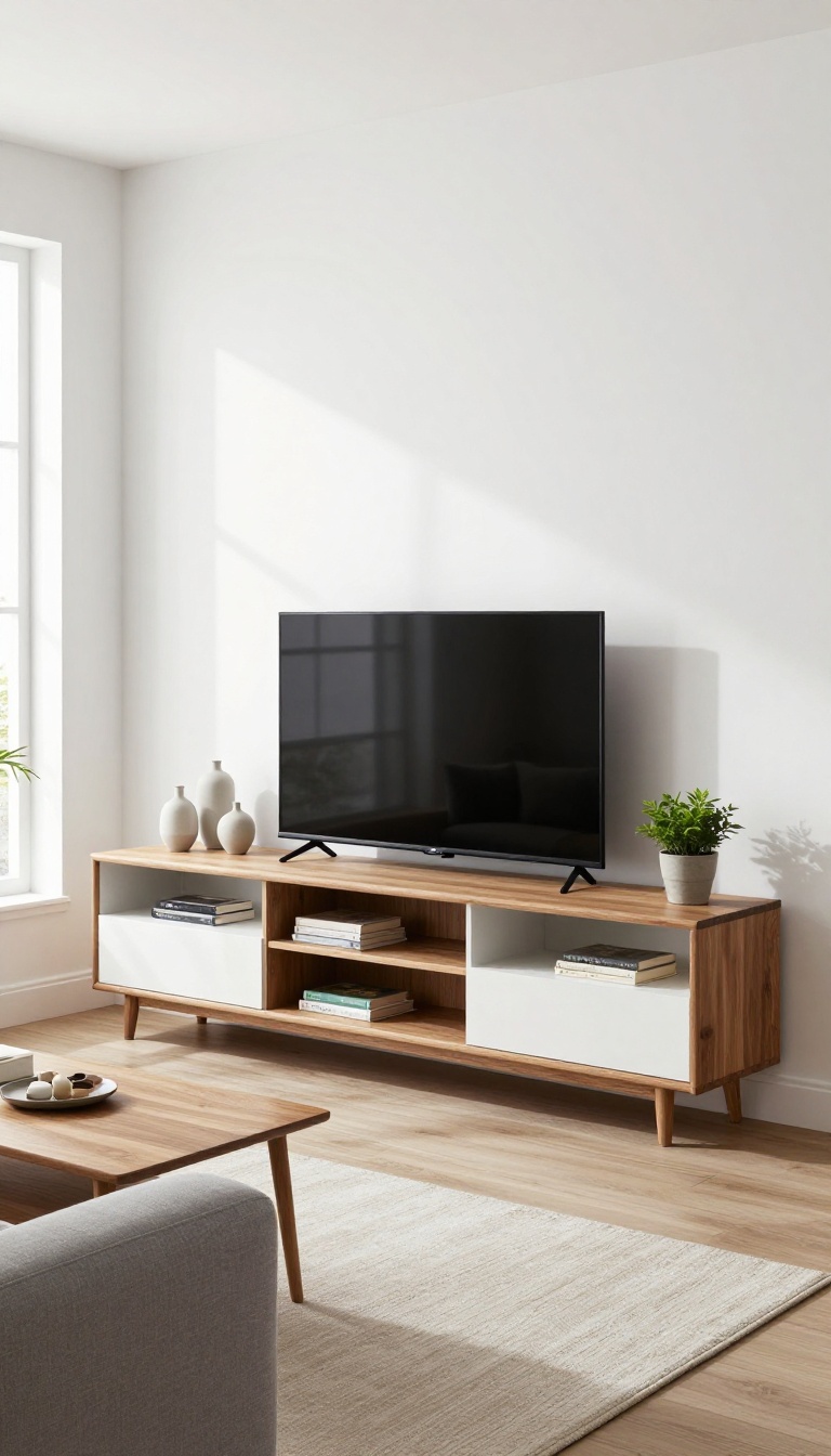 Modern modular TV unit in a bright living room with wood and white shelves, adaptable storage, and natural light.