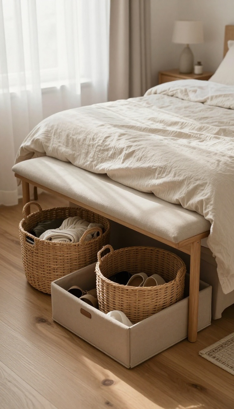 Cozy small bedroom with a storage ottoman and a bench holding woven baskets for hidden clutter storage