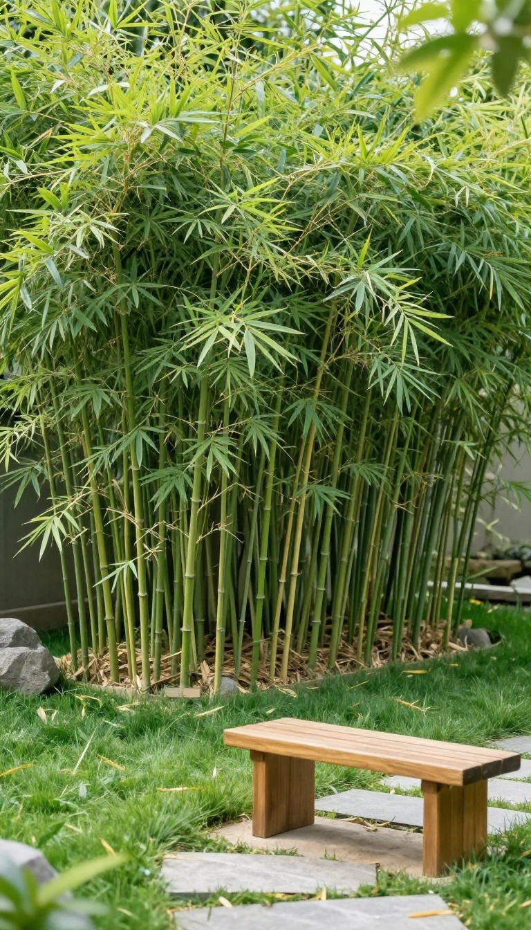Clumping bamboo growing in tight clusters as a natural green privacy screen in a bright backyard garden