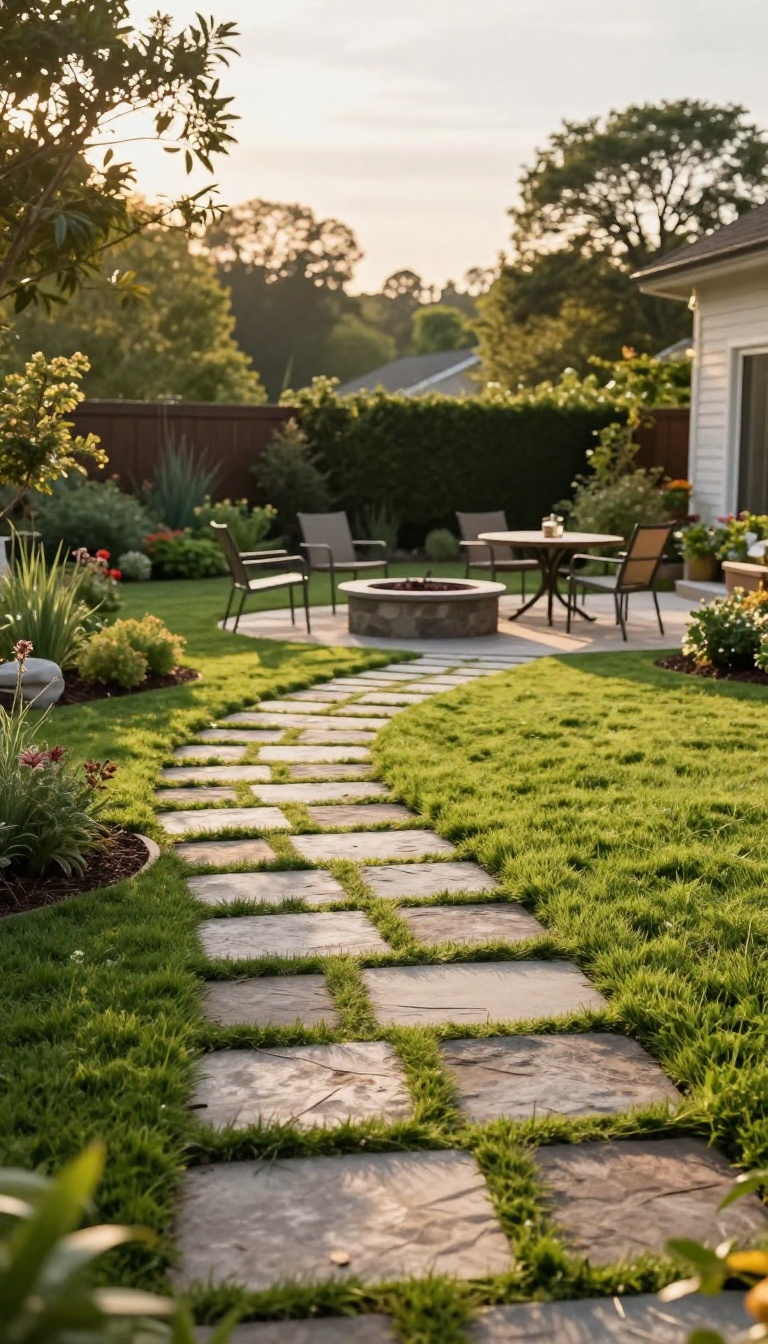 Sunlit backyard with a curved stone path, fire pit, and dining area arranged for easy outdoor flow