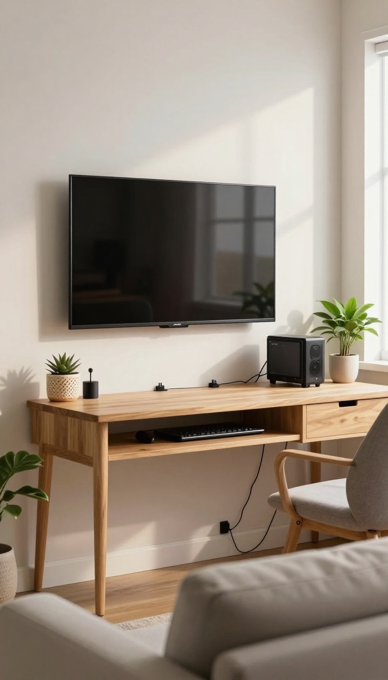 Clean college living room with hidden cords and organized tech setup