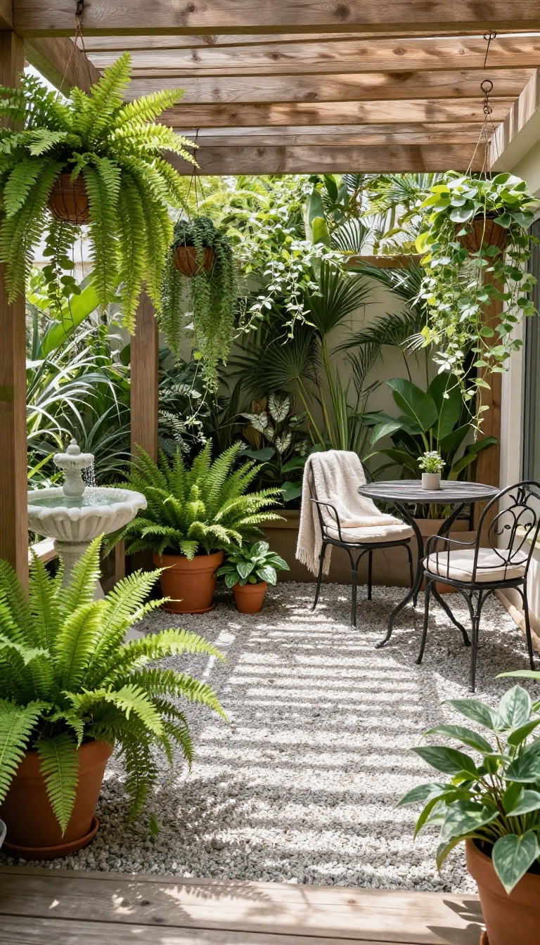 Under deck patio transformed into a lush garden oasis with potted shade-loving plants, cozy seating, and a small fountain