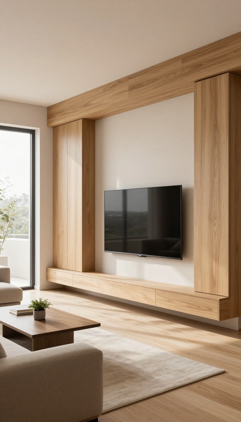 Modern living room with sliding wood panels hiding a TV on a media wall