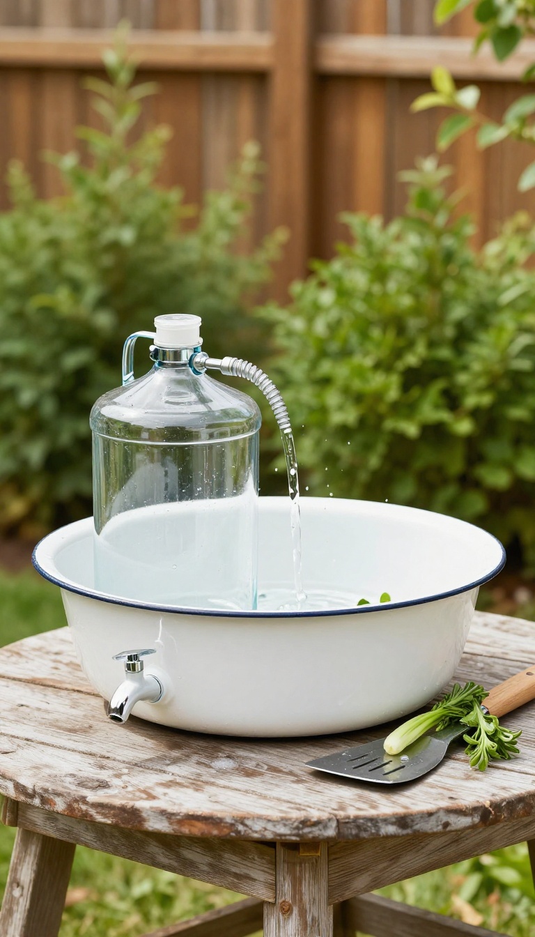 Simple backyard rinse station with a wide enamel basin, water jug, and spray nozzle on a wooden side table in a sunny garden