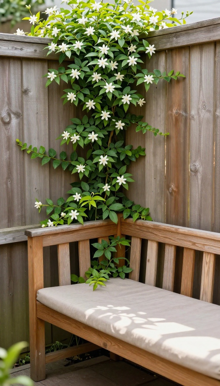 Cozy narrow backyard corner with a living green wall of climbing plants and a built-in wooden bench seat tucked into its base, shaded by foliage in bright natural light