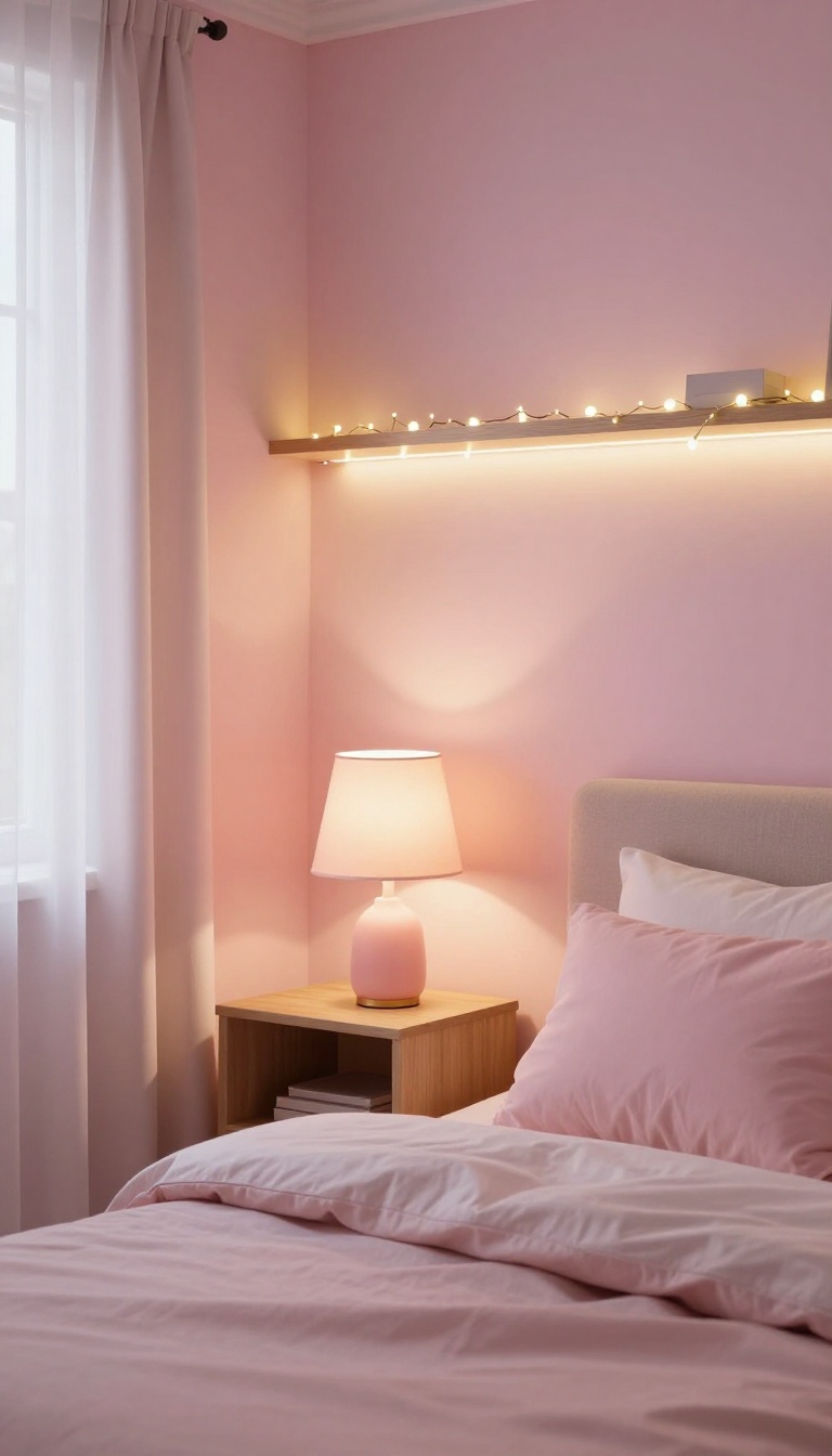 Small pink bedroom with a glowing pink-tinted table lamp, warm fairy lights on a shelf, and a soft LED strip behind the headboard creating a cozy warm glow