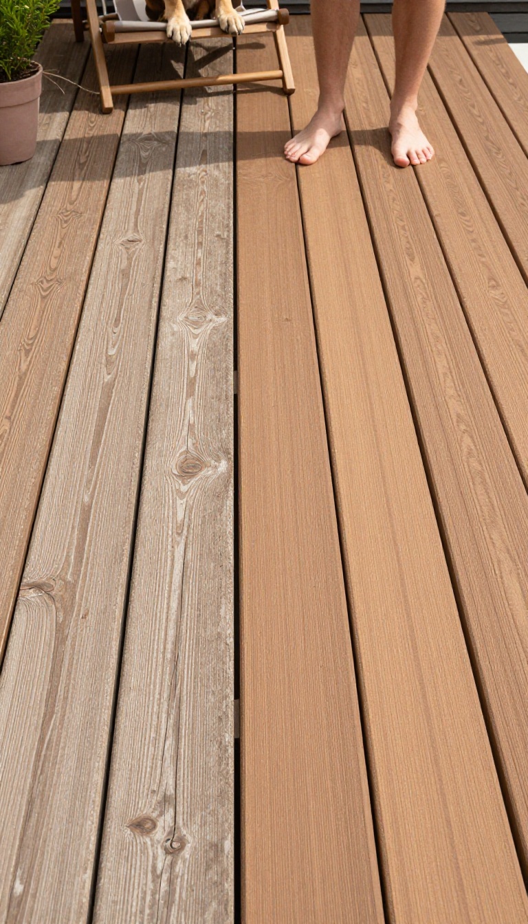 Side-by-side comparison of natural wood and composite deck boards in bright backyard sunlight